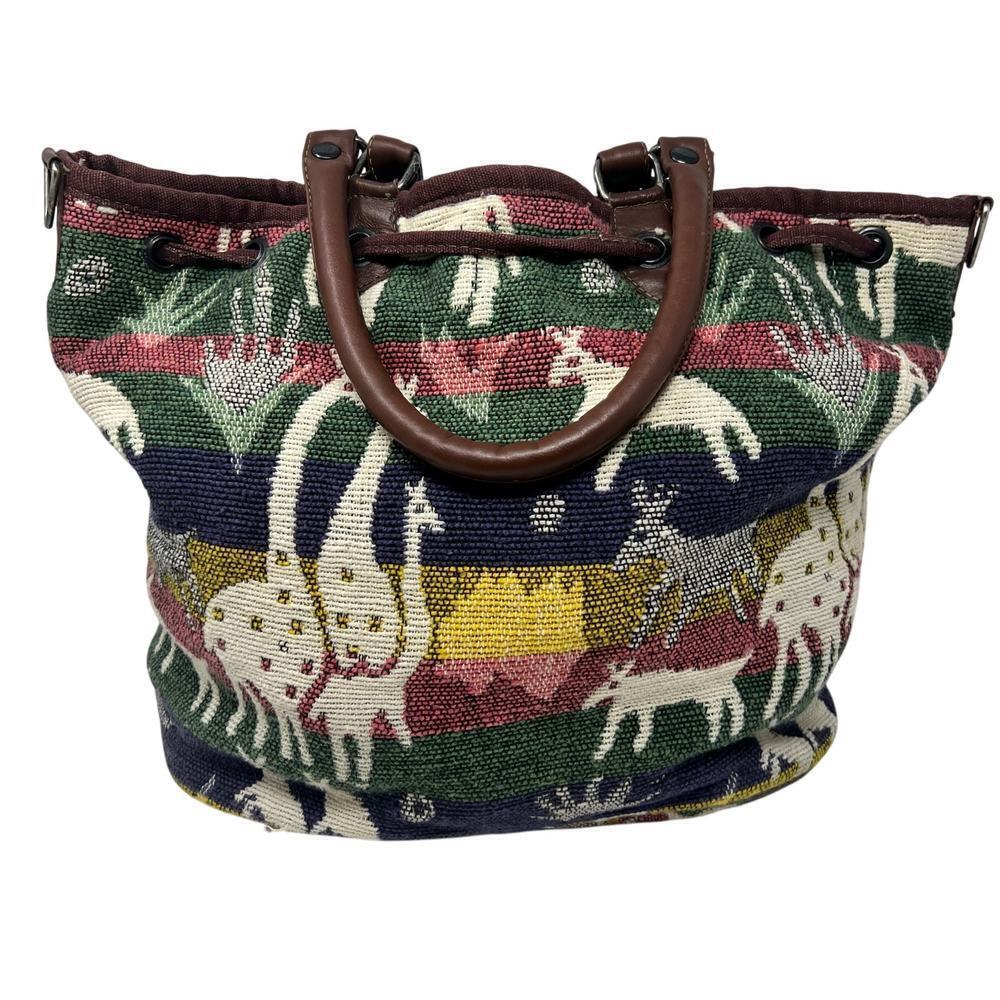 Woven Safari Scene Purse Blue Red Yellow Green Vintage Fabric Top Handle